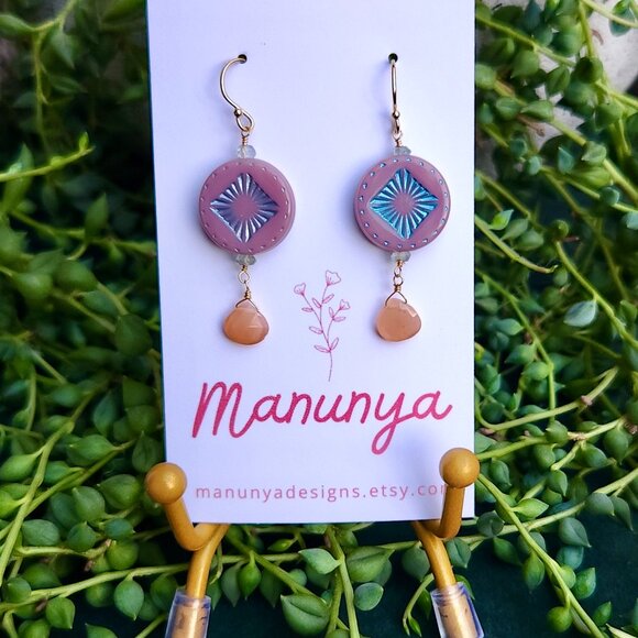 Boho Semi-Precious Stone Dangle Earrings - White, Blue, Purple - Picture 7 of 10